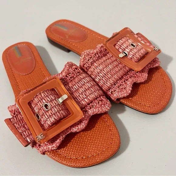 Sam Edelman Bambi Slide Buckle Detail Sandal Orange Raffia Size 7.5 - Picture 6 of 8